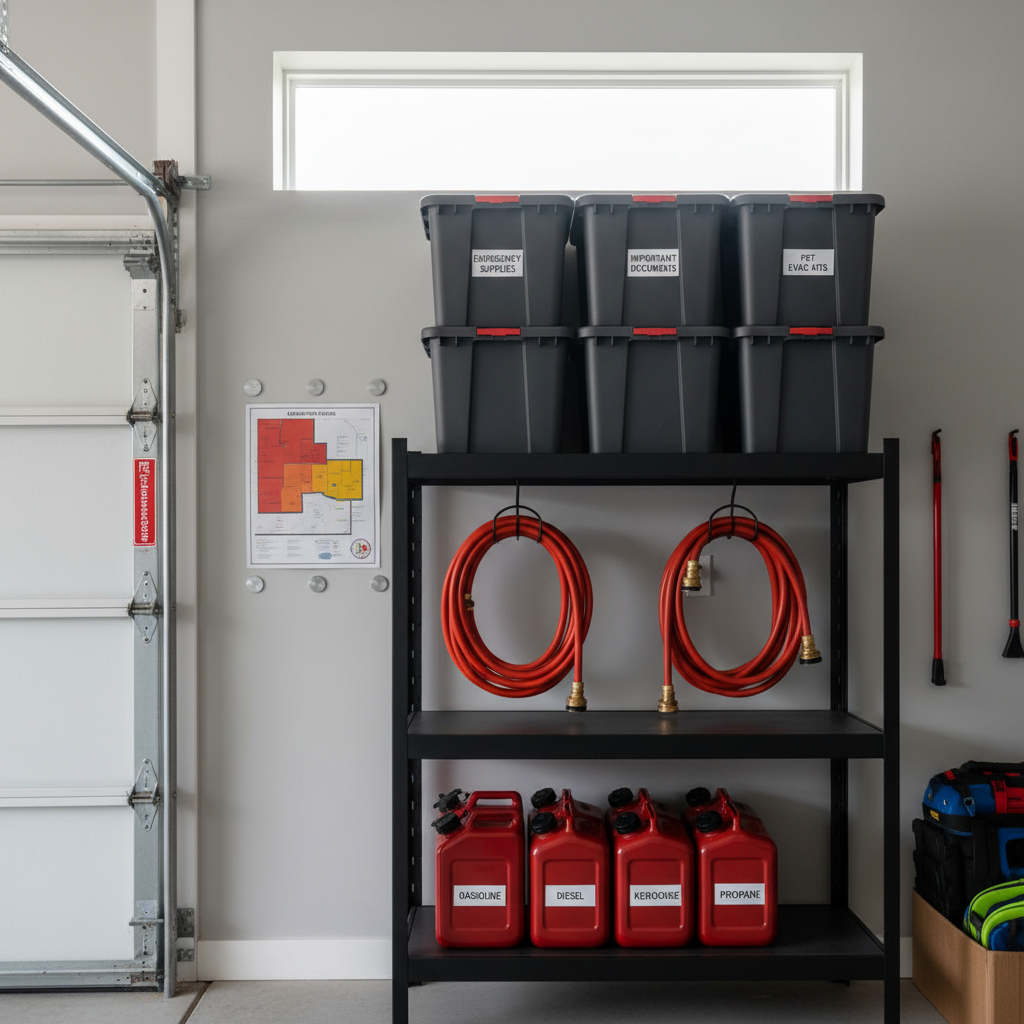 A close-up of a well-organized wildfire home preparedness station in a bright, modern garage. A sturdy metal shelving unit holds labeled fire-resistant storage bins, neatly coiled garden hoses, and a row of clearly marked metal fuel cans on a lower shelf. A laminated, color-coded evacuation plan is magnetically attached to a smooth gray wall beside a closed, insulated steel door. Soft, diffused daylight filters in from a high window, creating realistic, gentle shadows and emphasizing clean lines and textures. Photographic realism at eye level, with shallow depth of field that keeps the station in sharp focus while the background tools and hardware blur slightly. The mood is orderly, practical, and reassuring, highlighting proactive homeowner safety in fire-prone regions.