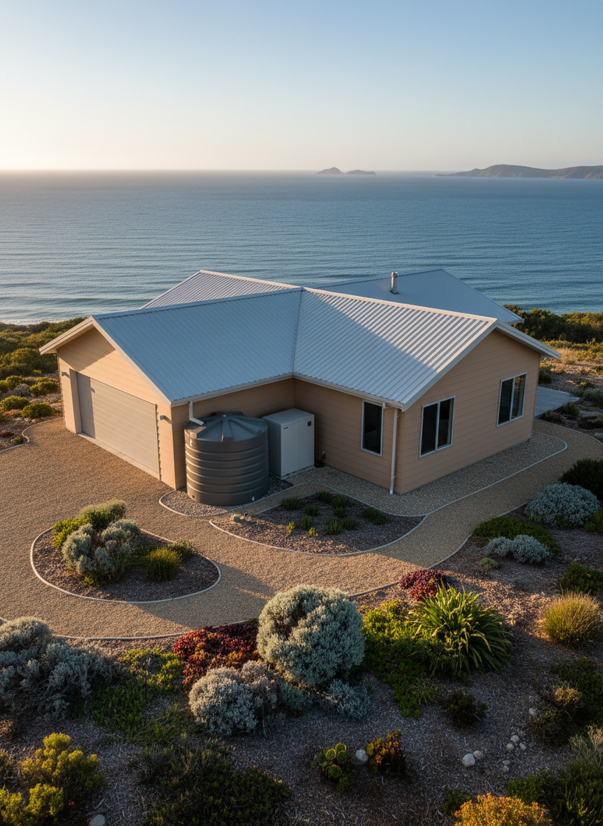 A modern, fire-resilient coastal home with a light gray metal roof and fiber-cement siding in soft sandstone tones, standing on a gently sloping, drought-tolerant landscape. Gravel pathways wind between low native shrubs and succulent ground cover, with a neatly organized rainwater tank and a discreet battery storage unit beside the garage. Late afternoon golden-hour sunlight washes over the scene, creating crisp, realistic shadows and subtle reflections on the windows. Photographic realism from a slightly elevated, wide-angle perspective shows the entire property and a glimpse of ocean in the distance. The mood is calm, secure, and professional, emphasizing safety-focused design and practical beauty for homeowners in fire-prone coastal areas.